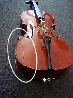 Crack in cello top, caused by dry air